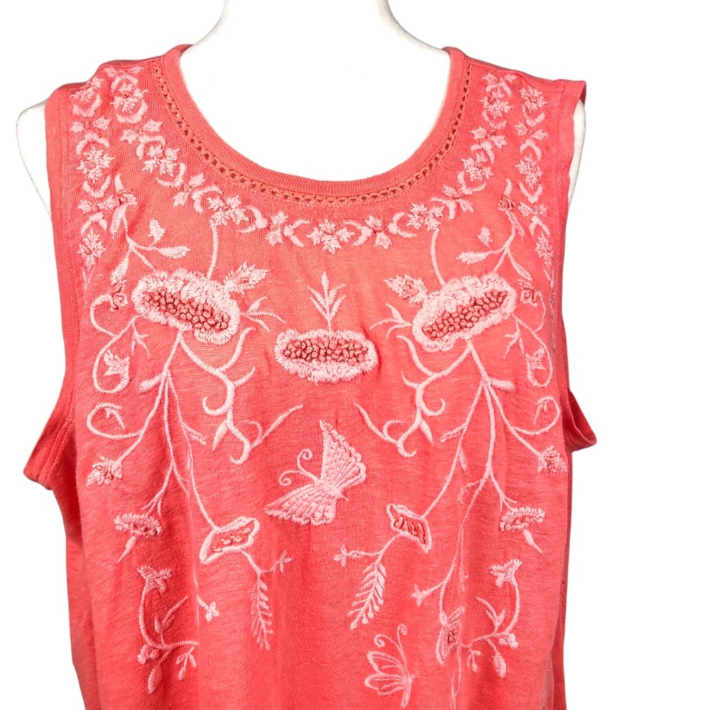 Sundance Linen Embroidered Tank Floral Butterfly Coral